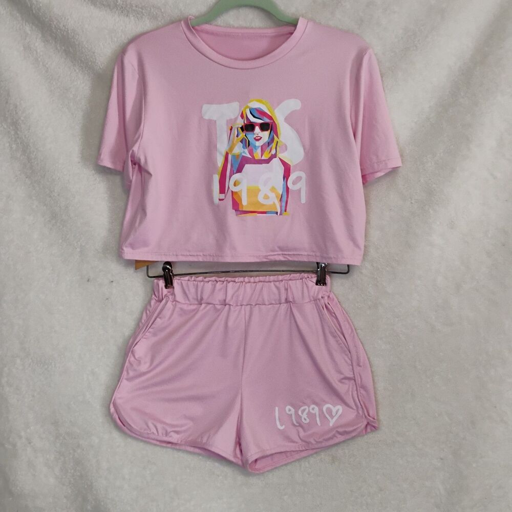 Girls Pink Taylor Swift TS 1989 Pop Art Crop Top & Shorts 2-Piece Set Size...